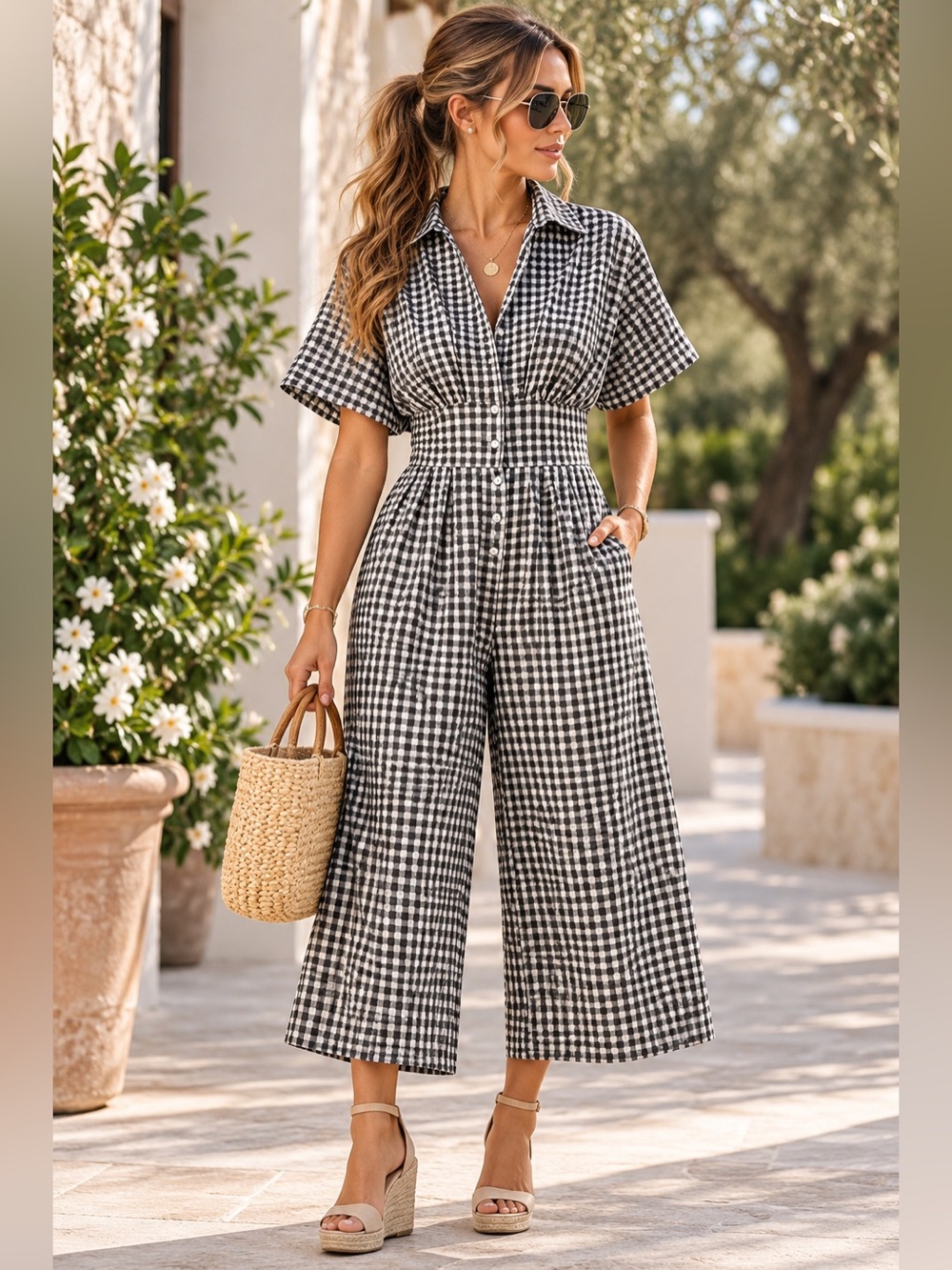 NWT Yeokou Women's Gingham Button Down Jumpsuit